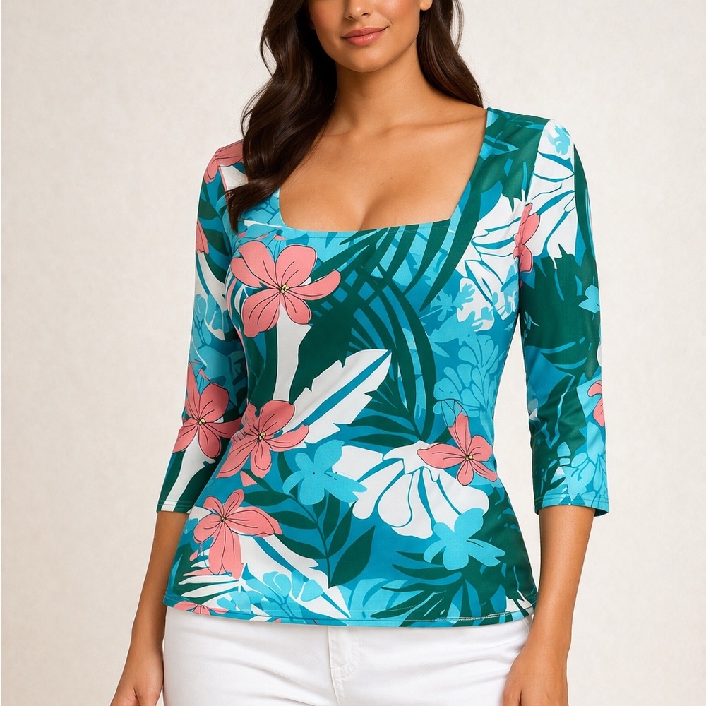 Boston Proper Floral Square-Neck 3/4 Sleeve Top - Teal & Pink